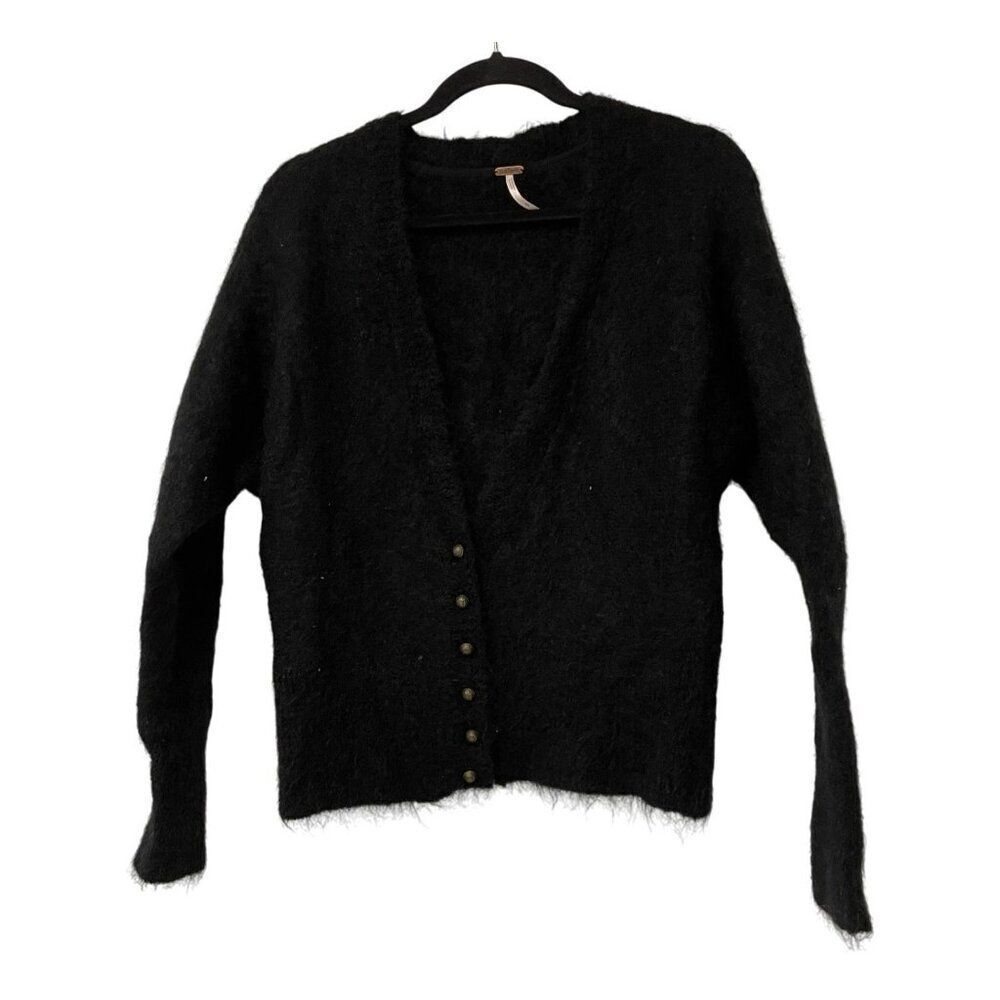 Free People Womens Sweater Small S Black Cardigan Mohair wool Blend Button Down
